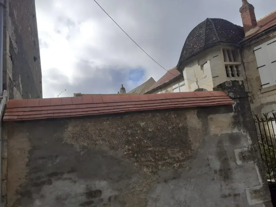 Mur de clôture rejointoyé avec couvertine neuve en tuiles plates, tourelle en pierre à l'arrière-plan